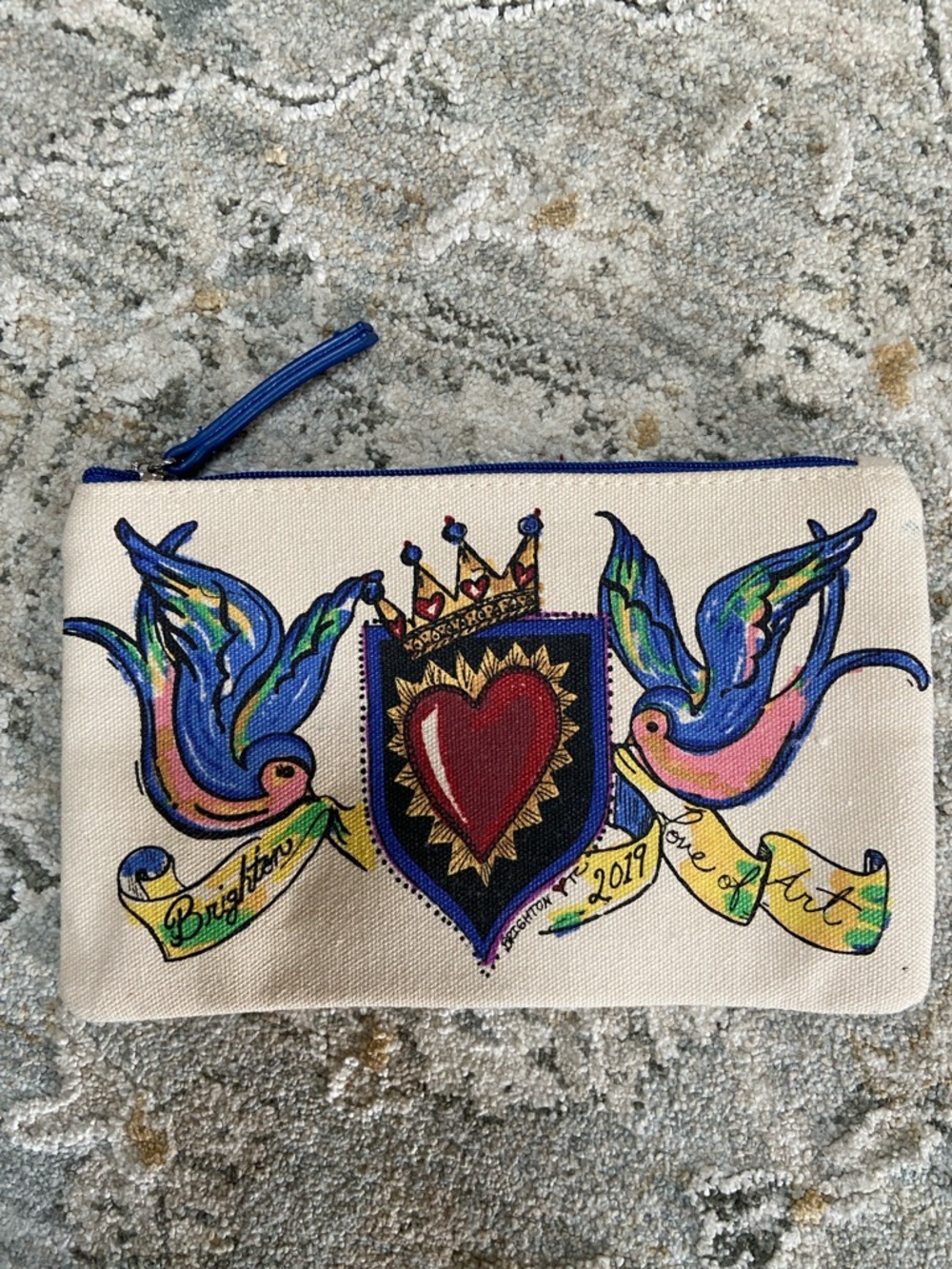 Brighton Cream Cosmetic Pouch with Blue Trim and Multicolor Heart & Birds - Picture 1 of 6